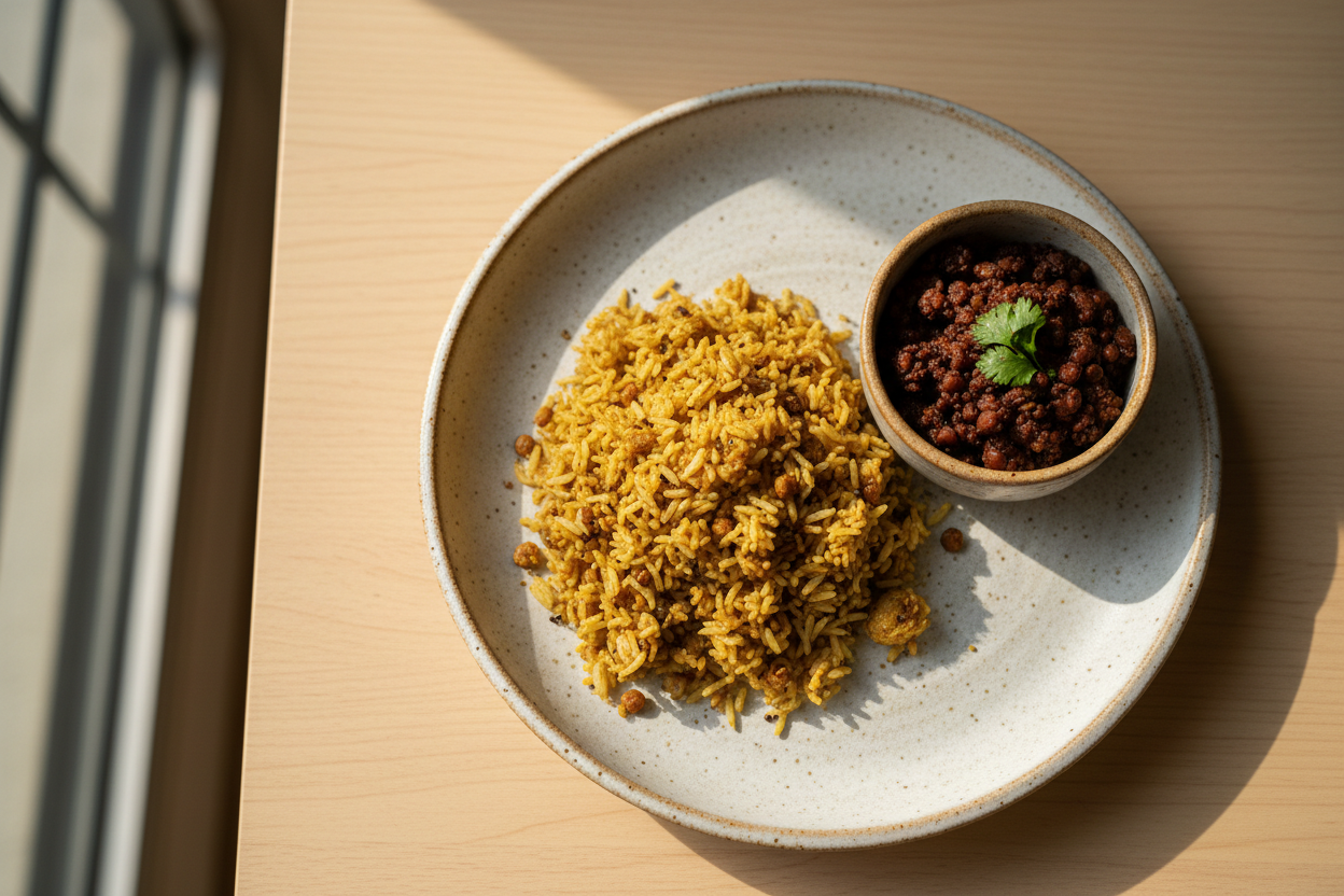 A high-resolution, professional food photograph of a podi rice mix in brownish yelloe colour. Styled on a ceramic plate with a side of horse gram, with soft natural lighting. Shallow depth of field, clean background, minimalistic composition, restaurant-style presentation, warm tones, soft shadows, top-down and 45° angle blend. 