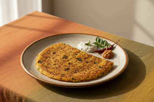 A high-resolution, professional food photograph of adai dosai in brownish yellow colour. Styled on a ceramic plate with soft natural lighting. Shallow depth of field, clean background, minimalistic composition, restaurant-style presentation, warm tones, soft shadows, top-down and 45° angle blend.”