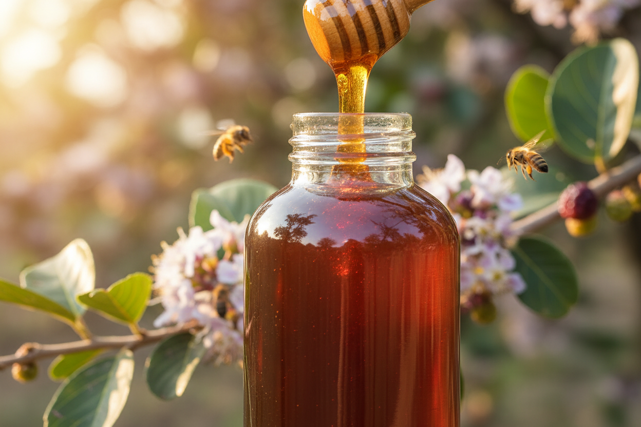 A high-resolution, professional food photograph of honey in darl amber colour. Styled on glass bottle with the honey stick with soft natural lighting. with backgrounf of jaamun tree and the honey bees on its flowers on jaamun trees