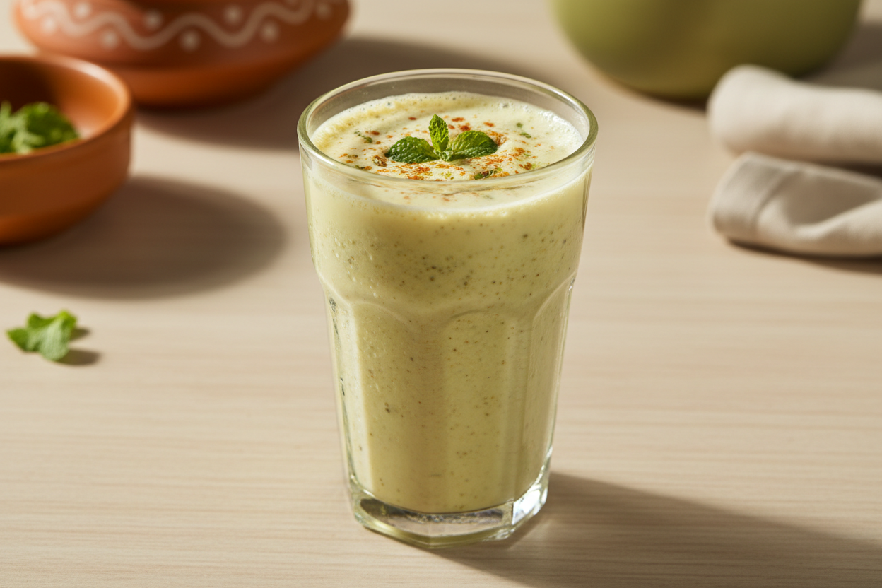 A high-resolution, professional food photograph of masala chaas, mildh yellowish green in colour. Styled on a tall glass tumbler with soft natural lighting. Shallow depth of field, clean background, minimalistic composition, restaurant-style presentation, warm tones, soft shadows, top-down and 45° angle blend.”