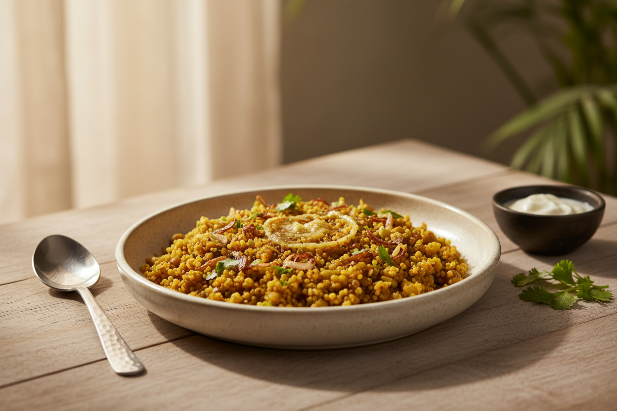 A high-resolution, professional food photograph of millet dal khichadi in brownish yellow colour. Styled on aceramic plate with soft natural lighting. Shallow depth of field, clean background, minimalistic composition, restaurant-style presentation, warm tones, soft shadows, top-down and 45° angle blend.”