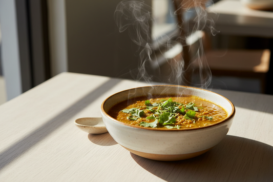 A high-resolution, professional food photograph of piping hot steaming millet dal sambar dish in brownish yellow colour topped with copped coriander leaves. Styled on aceramic plate with soft natural lighting. Shallow depth of field, clean background, minimalistic composition, restaurant-style presentation, warm tones, soft shadows, top-down and 45° angle blend.”