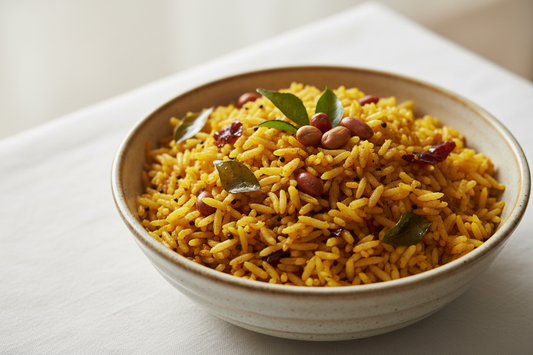 A high-resolution, professional food photograph of puliogare rice. Styled on a ceramic bowl with soft natural lighting. Shallow depth of field, clean background, minimalistic composition, restaurant-style presentation, warm tones, soft shadows, top-down and 45° angle blend. 