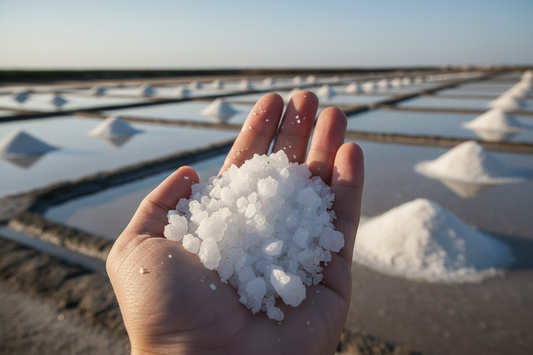 A high-resolution, professional food photograph of sea salt crystals taken on hand . Styled on natural salt pan with soft natural lighting. with background of sea salt pan