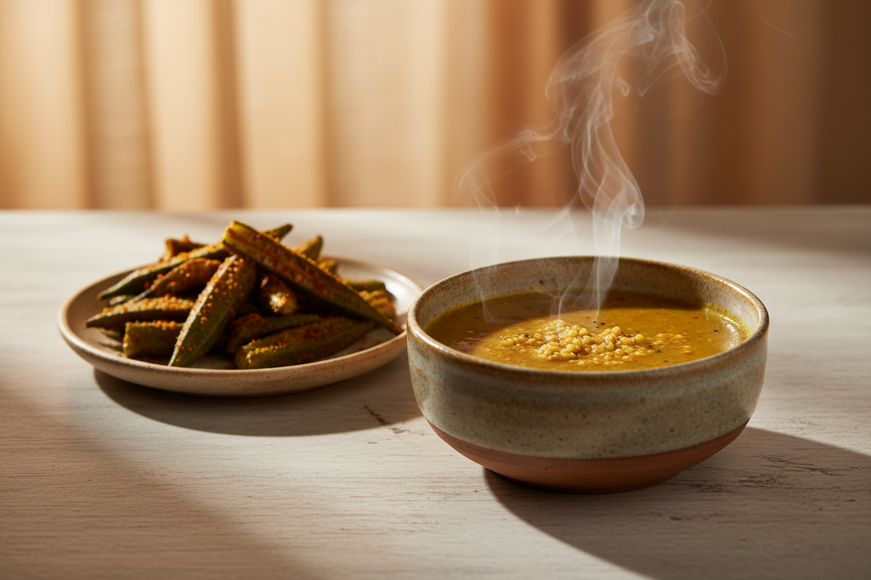 A high-resolution, professional food photograph of  spiping steaming hot semi liquid millet rasam dish in brownish yellow colour. Styled on aceramic plate with indian style bhindi fryon side with soft natural lighting. Shallow depth of field, clean background, minimalistic composition, restaurant-style presentation, warm tones, soft shadows, top-down and 45° angle blend.”