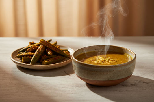 A high-resolution, professional food photograph of  spiping steaming hot semi liquid millet rasam dish in brownish yellow colour. Styled on aceramic plate with indian style bhindi fryon side with soft natural lighting. Shallow depth of field, clean background, minimalistic composition, restaurant-style presentation, warm tones, soft shadows, top-down and 45° angle blend.”