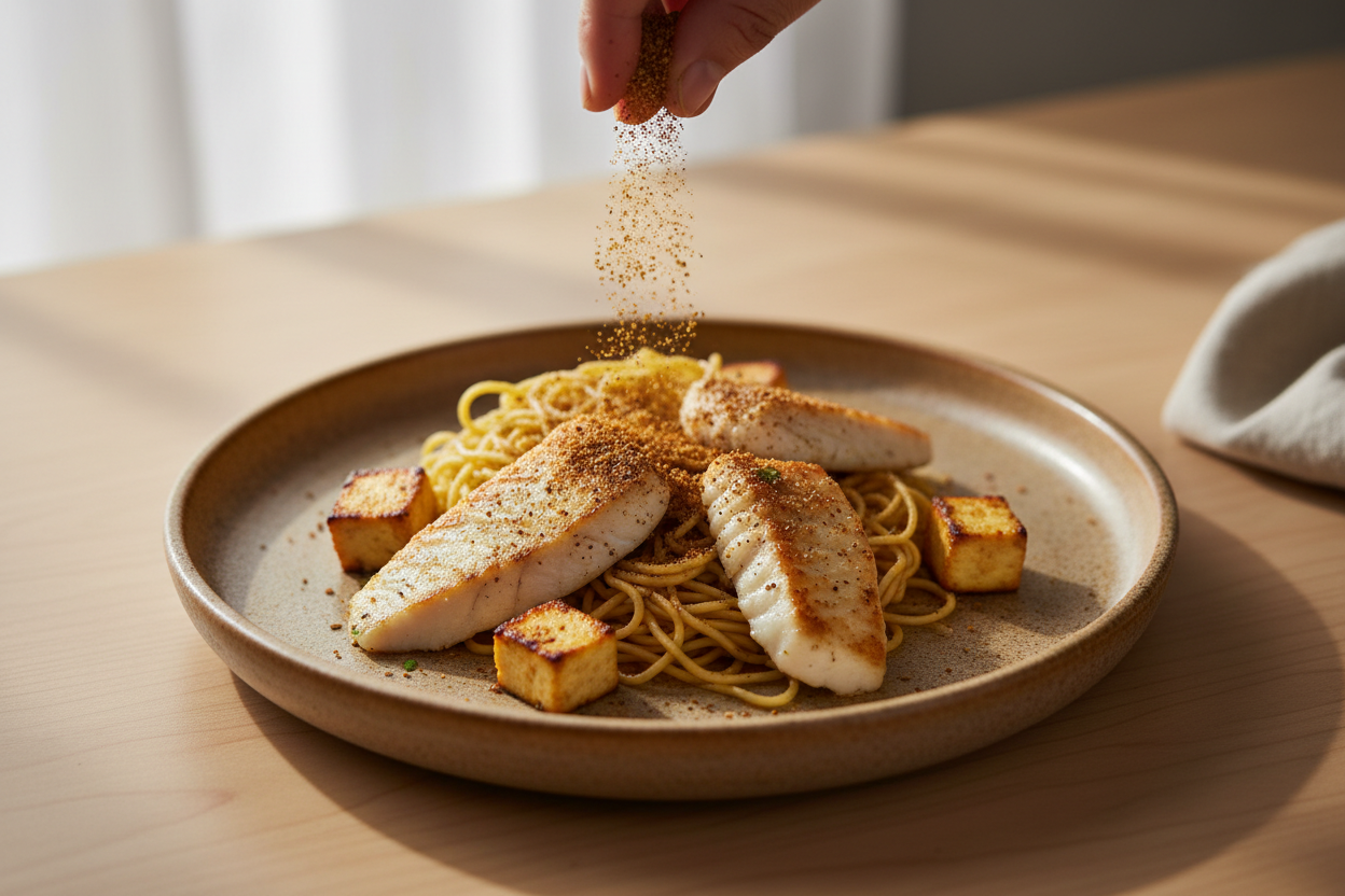 A high-resolution, professional food photograph of sprinking tastmaker masala on noodles and fish and paneer. the tastamker is dark brownsih in colour. Styled on a ceramic plate with soft natural lighting. Shallow depth of field, clean background, minimalistic composition, restaurant-style presentation, warm tones, soft shadows, top-down and 45° angle blend.”