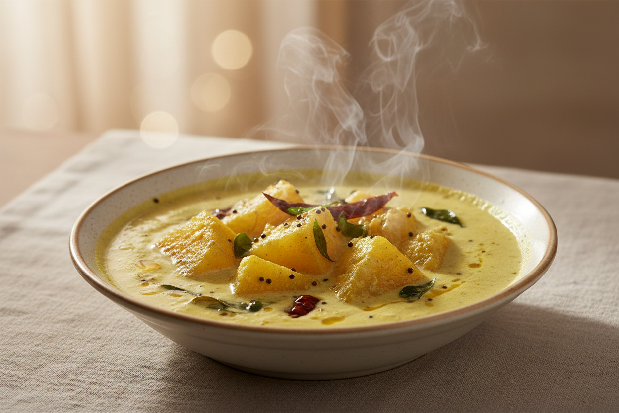A high-resolution, professional food photograph of steaming hot mor kulmabu in a bowl with ash gourd in yellow colour.soft natural lighting. Shallow depth of field, clean background, minimalistic composition, restaurant-style presentation, warm tones, soft shadows, top-down and 45° angle blend.”