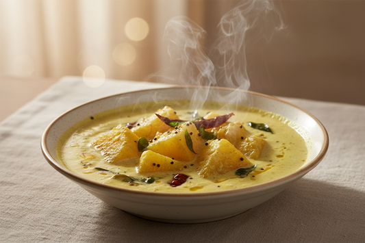 A high-resolution, professional food photograph of steaming hot mor kulmabu in a bowl with ash gourd in yellow colour.soft natural lighting. Shallow depth of field, clean background, minimalistic composition, restaurant-style presentation, warm tones, soft shadows, top-down and 45° angle blend.”
