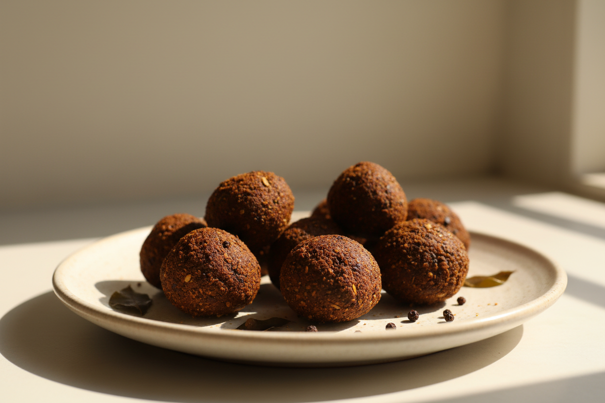 A high-resolution, professional food photograph of thaalipu vadagam in dark brownish colour. Styled on aceramic plate with soft natural lighting. Shallow depth of field, clean background, minimalistic composition, restaurant-style presentation, warm tones, soft shadows, top-down and 45° angle blend.”