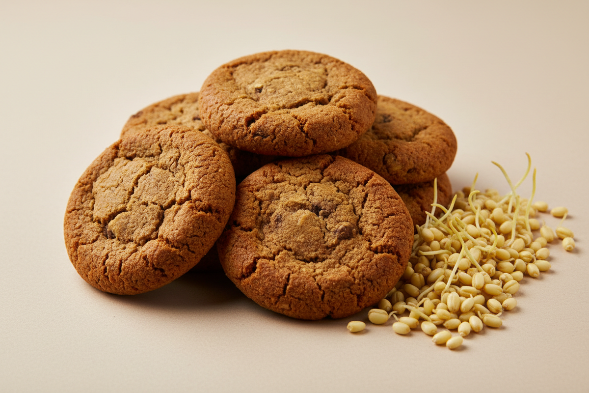 make realistic photo of cookies shot at 45 degrees angle. the colour of cookies are brown, place a sprouted foctail millet on the side. 