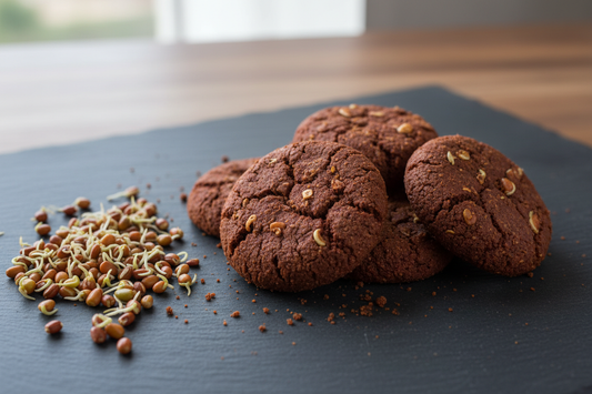 make realistic photo of cookies shot at 45 degrees angle. the colour of cookies are maroonish brown, place a sprouted ragi on the side. 