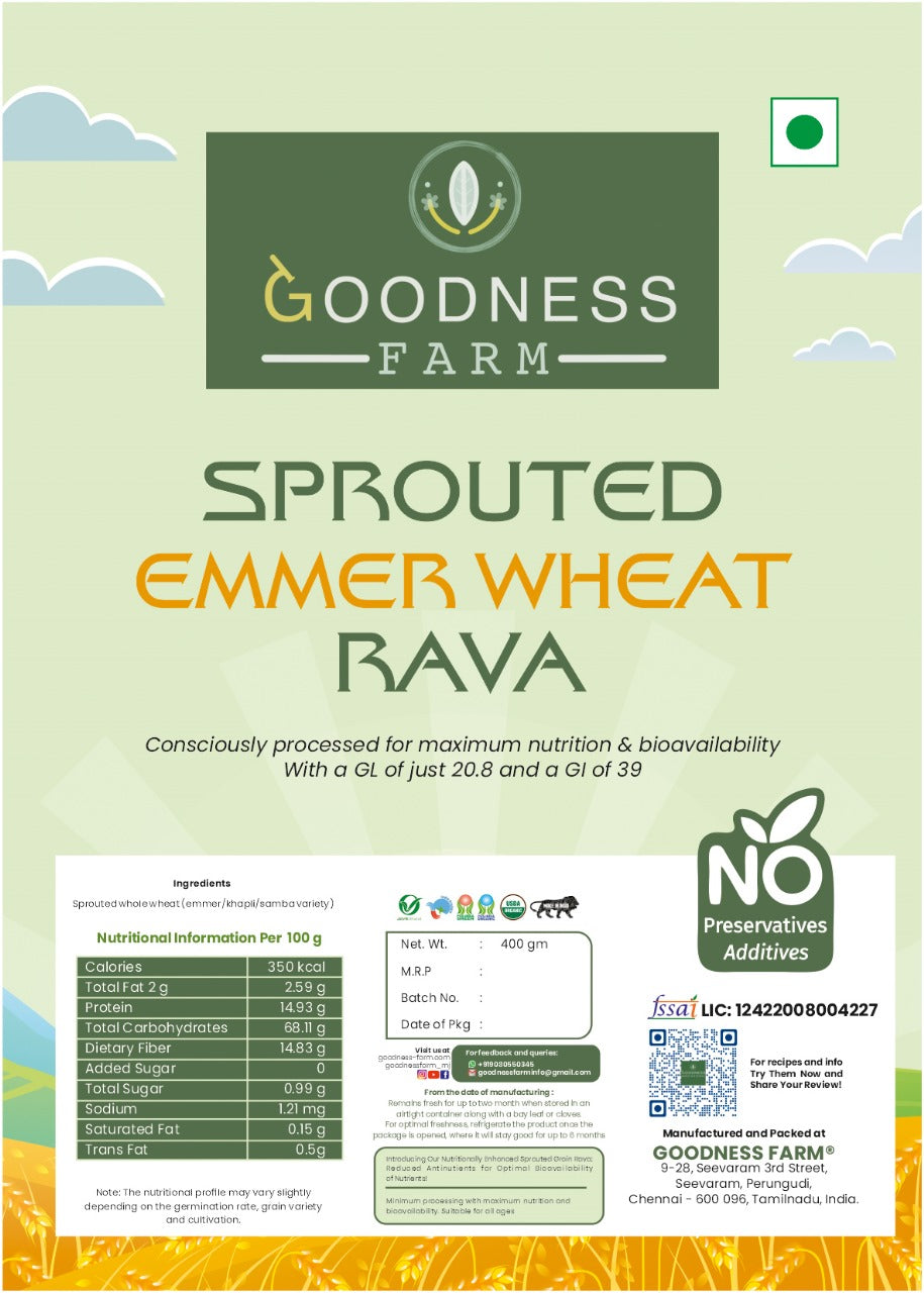 Sprouted Samba/ Khapli/ Emmer Wheat Rava (400 G)